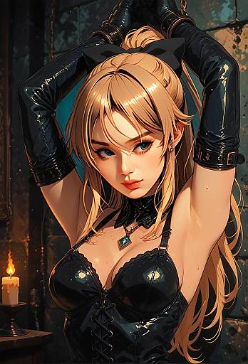 Anime Woman in Black Latex Corset with Candlelit Background