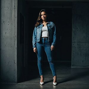 Confident Woman in Denim Jacket in Industrial Space
