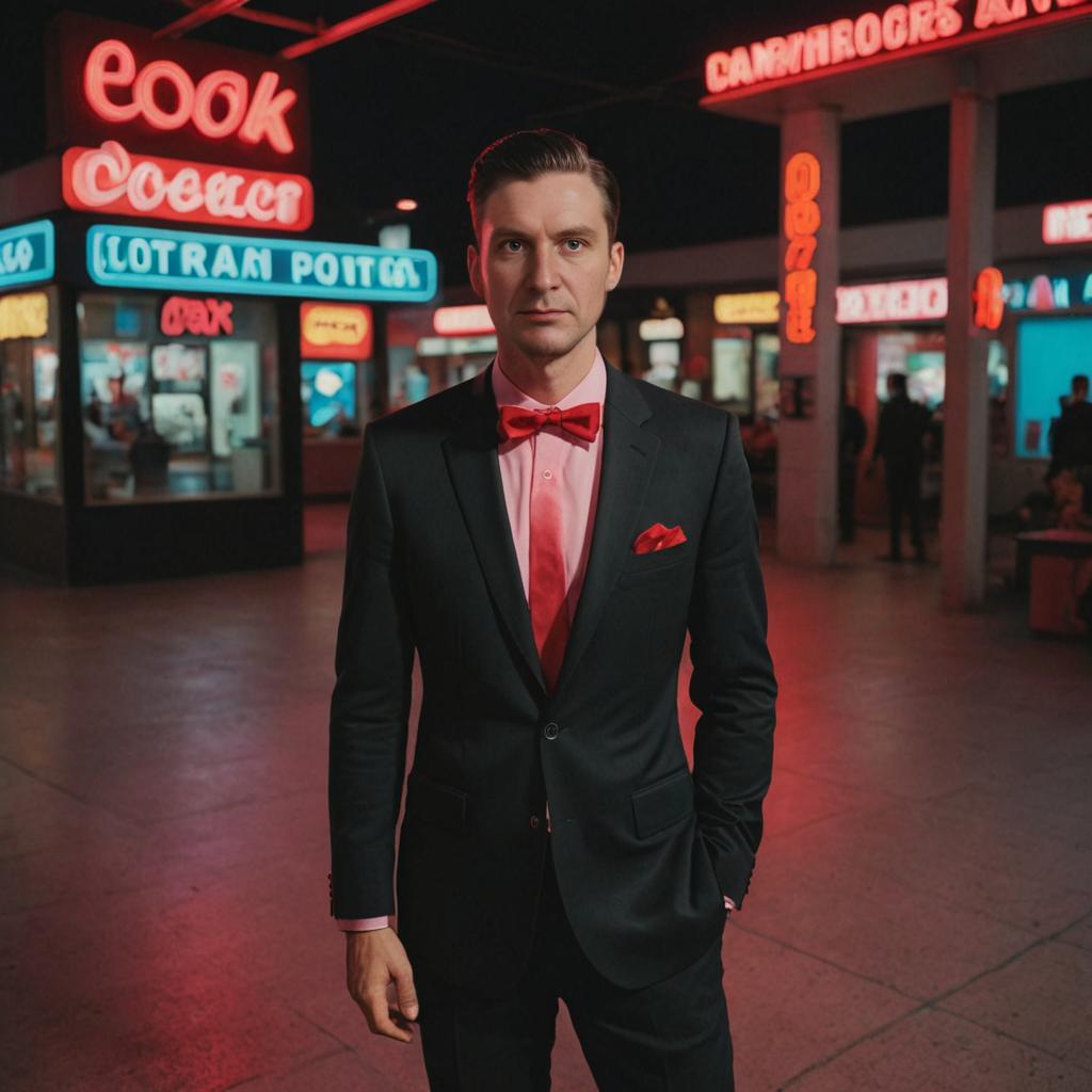 Charming Man in Tuxedo with Red Bow Tie in Neon Setting