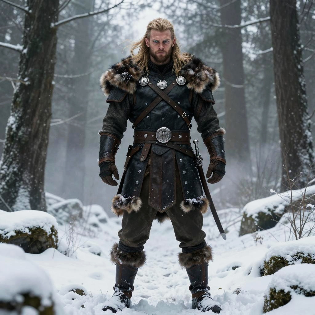 Viking Warrior in Fur and Leather Armor Standing in Snowy Forest