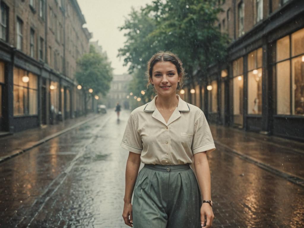 Smiling Woman in Rain-Drenched Street