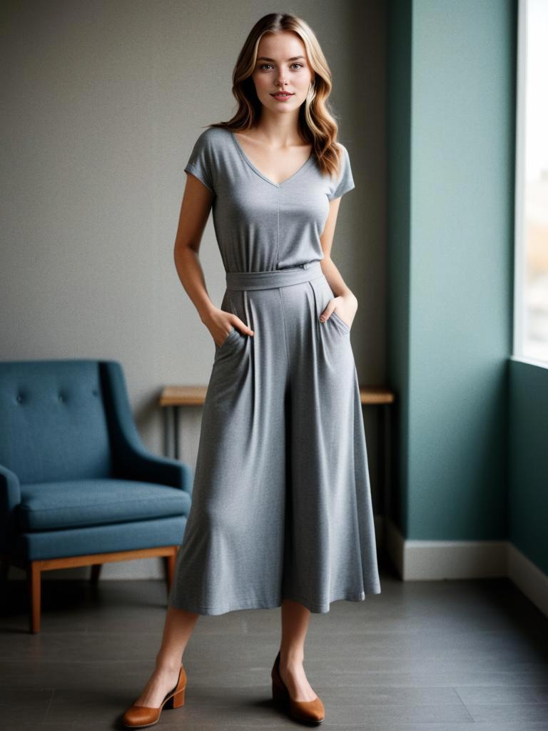 Stylish Woman in Gray Jumpsuit