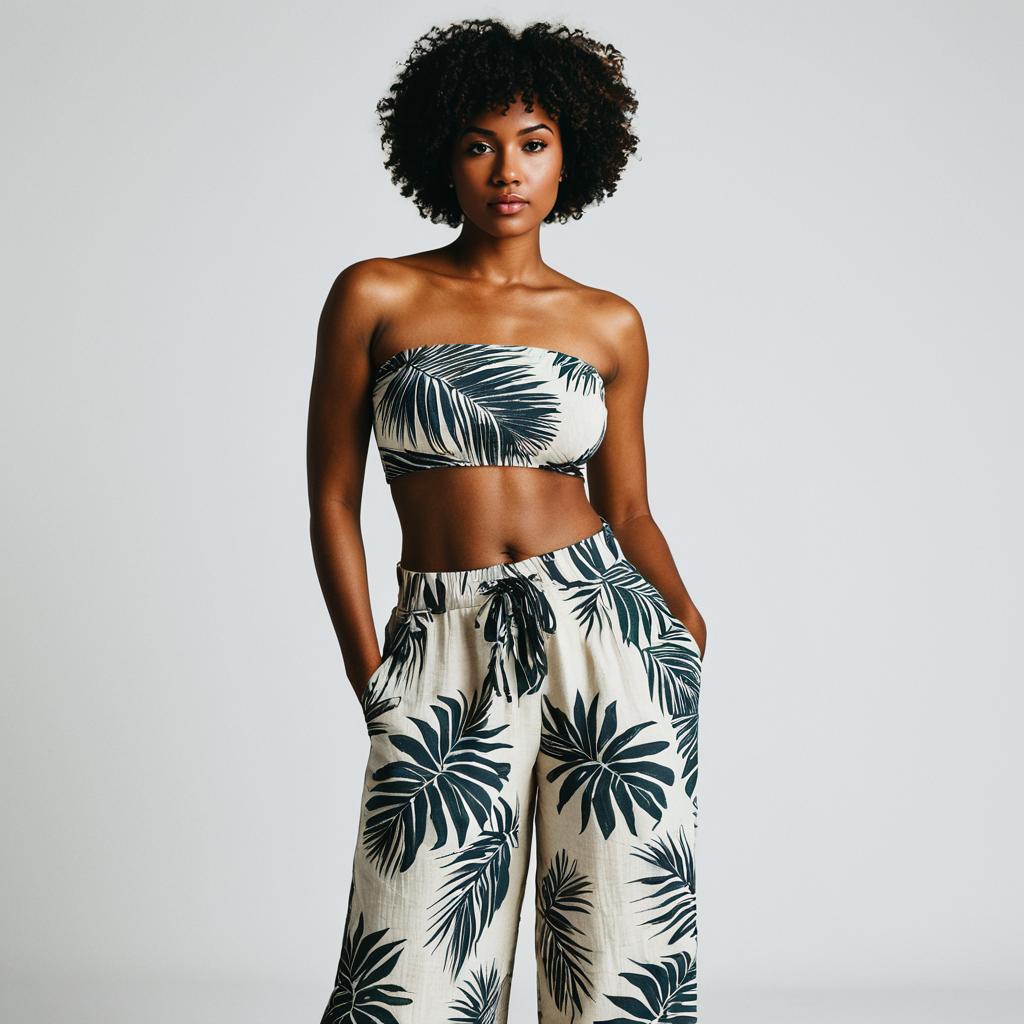 Young Woman Wearing Tropical Leaf Print Outfit in Minimalist Fashion Portrait