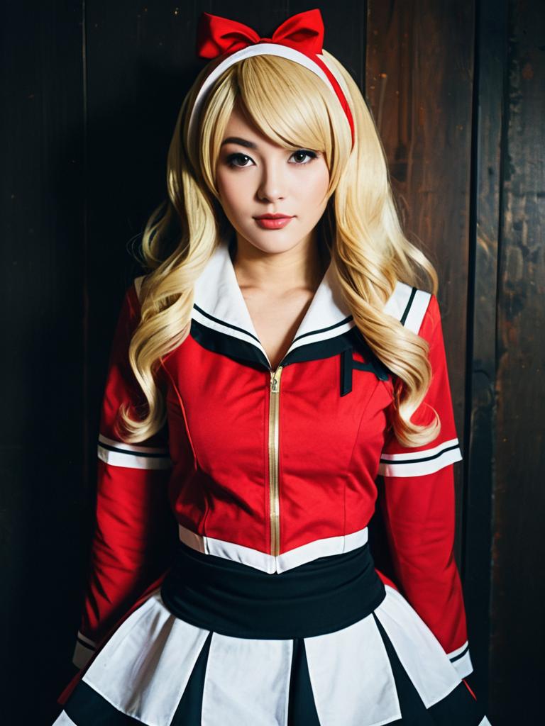 Realistic Ann Takamaki Cosplay Woman in Red and White Costume