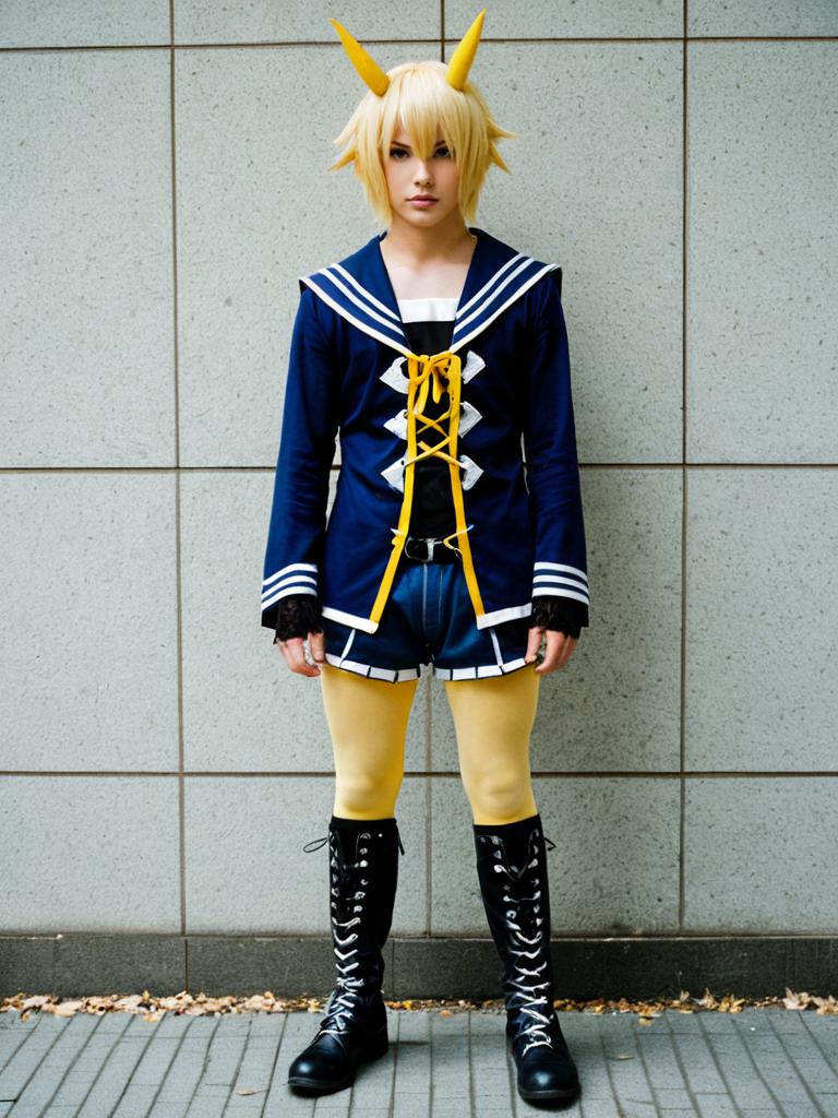 Monoyoshi Sadamune Cosplay Featuring Yellow Horns and Navy Sailor Outfit