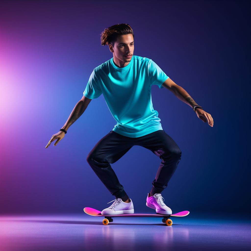 Young Man Skateboarding in Neon Lights