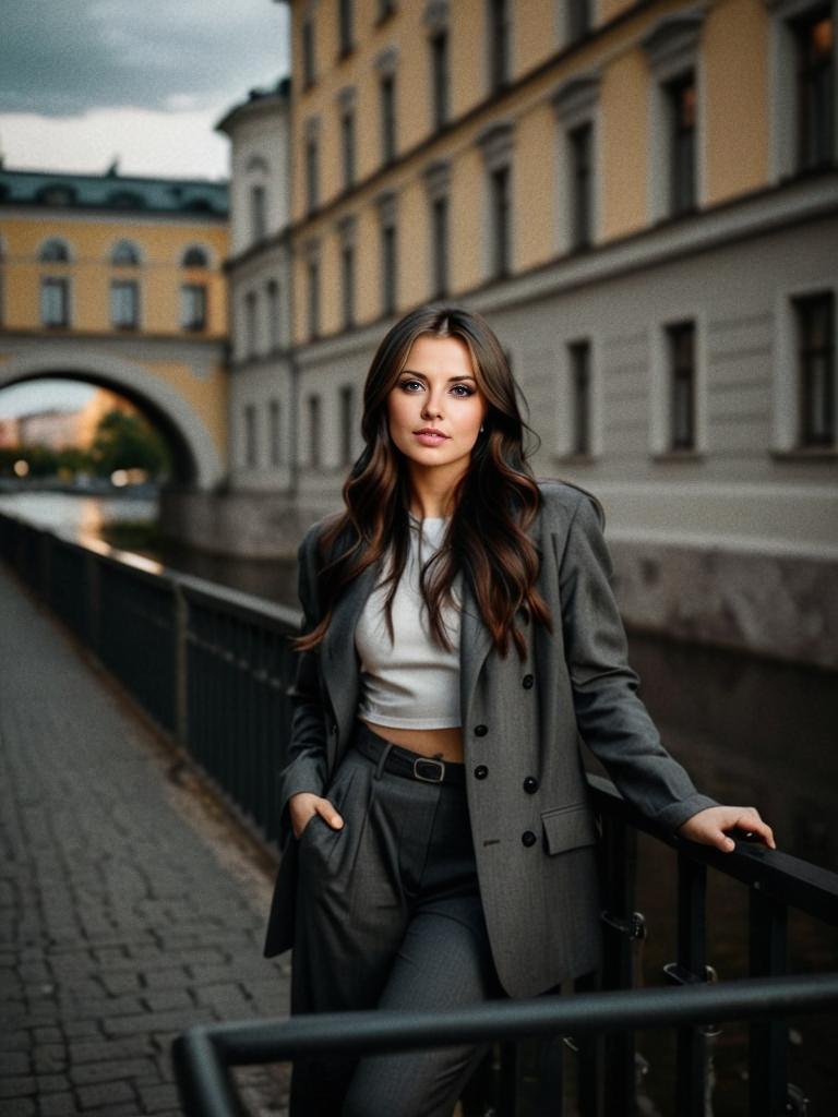 Chic Young Woman in Gray Suit by Scenic Canal