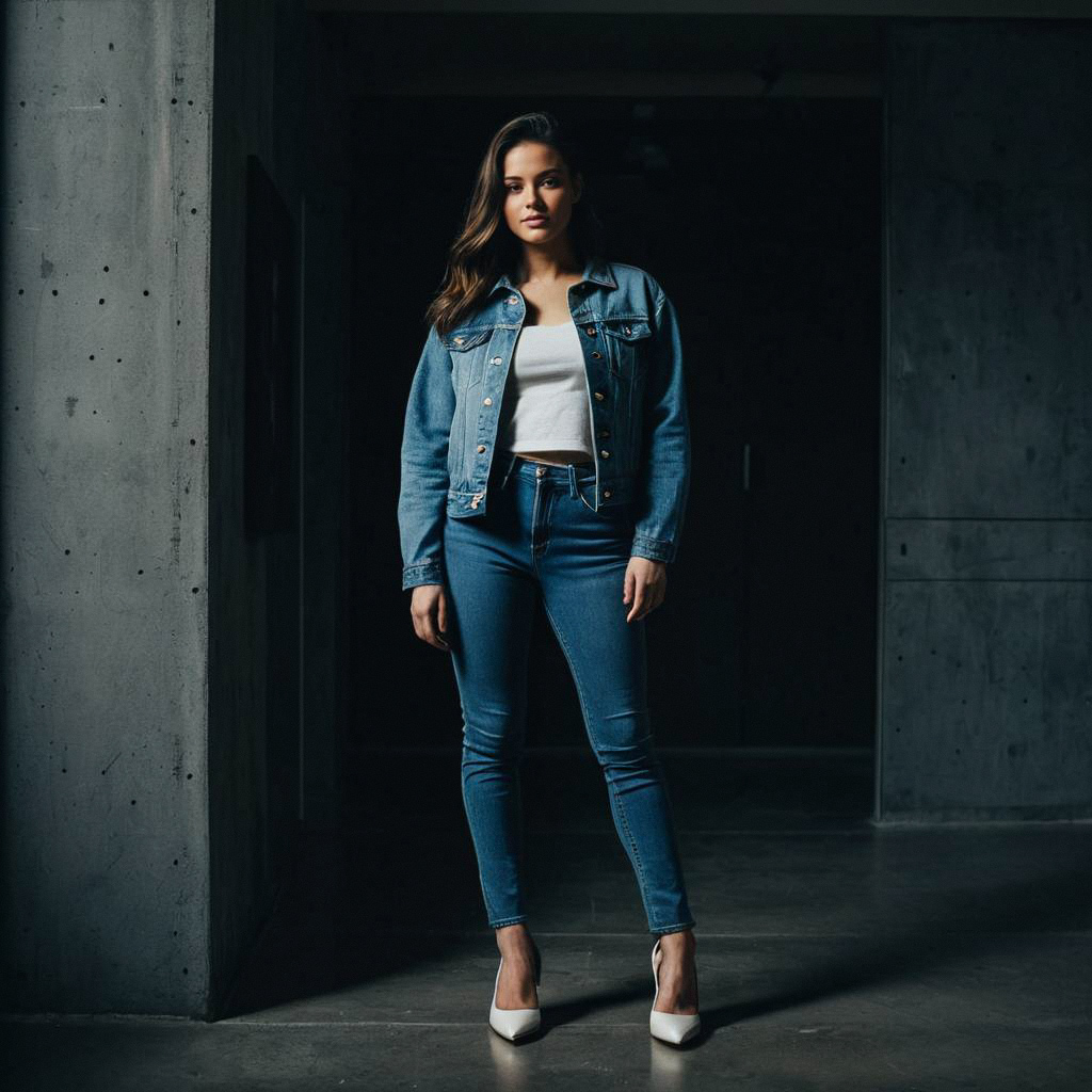 Confident Woman in Denim Jacket in Industrial Space