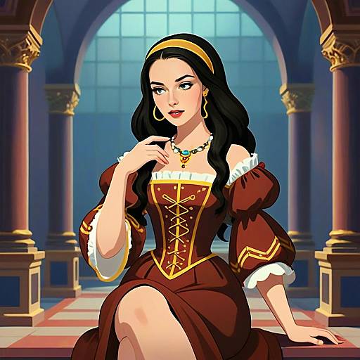 Renaissance Style Woman in Elegant Brown Gown Digital Illustration