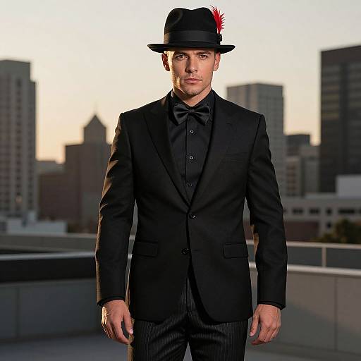 Man in Black Suit and Fedora with Red Feather on City Rooftop