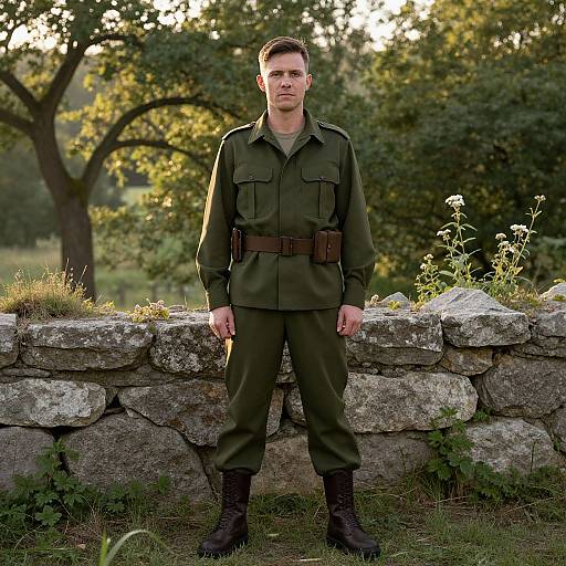 Man in Vintage Military Uniform Standing by Stone Wall Outdoors