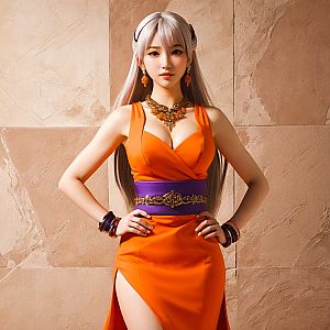 Confident Woman in Orange Dress Against Stone Wall