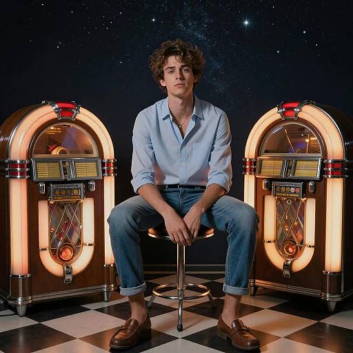 Young Man Sitting Between Vintage Jukeboxes in Retro Setting