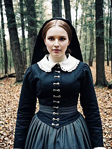 Woman in Traditional Colonial-Style Dress Standing in Autumn Forest