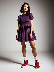 Woman in Casual Streetwear Purple Smocked Dress and Red Sneakers