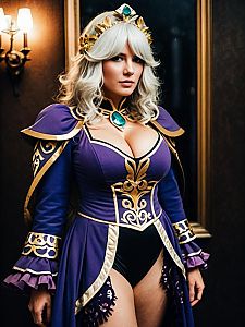 Realistic Woman Cosplay Wearing Camilla Costume in Purple and Gold