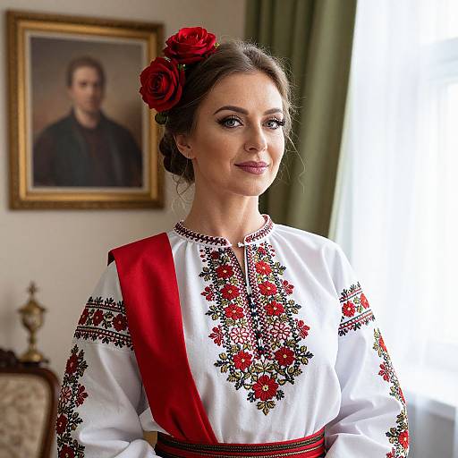 Woman in Traditional Eastern European Embroidered Blouse with Red Flower Hair Accessory