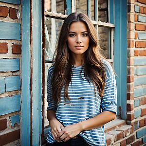 Confident Young Woman by Rustic Window