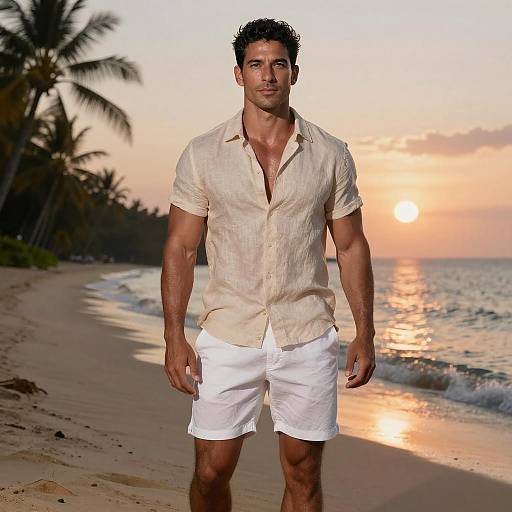 Man on Tropical Beach at Sunset Wearing Linen Shirt and White Shorts