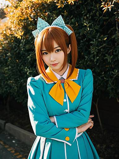 Yayoi Kunizuka Cosplay Woman in Vibrant Teal Costume Outdoors