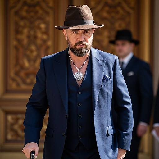 Stylish Bearded Man in Three-Piece Suit and Fedora Walking Outdoors