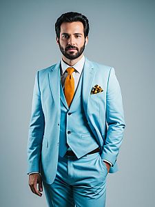 Man in Light Blue Suit with Mustard Yellow Tie Professional Cosplay Studio Portrait