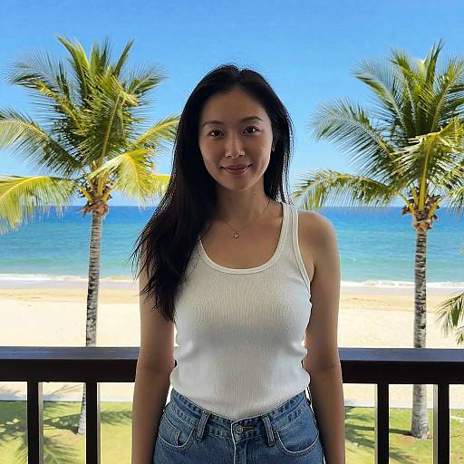 Young Woman Enjoying Tropical Beach View in Casual Outfit