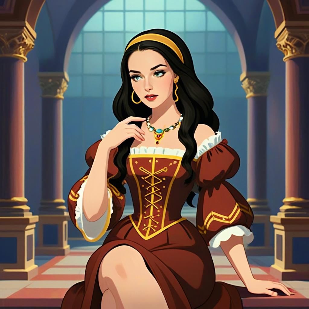 Renaissance Style Woman in Elegant Brown Gown Digital Illustration