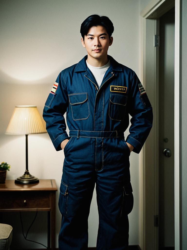 Young Man in Blue Coveralls Costume Standing Indoors