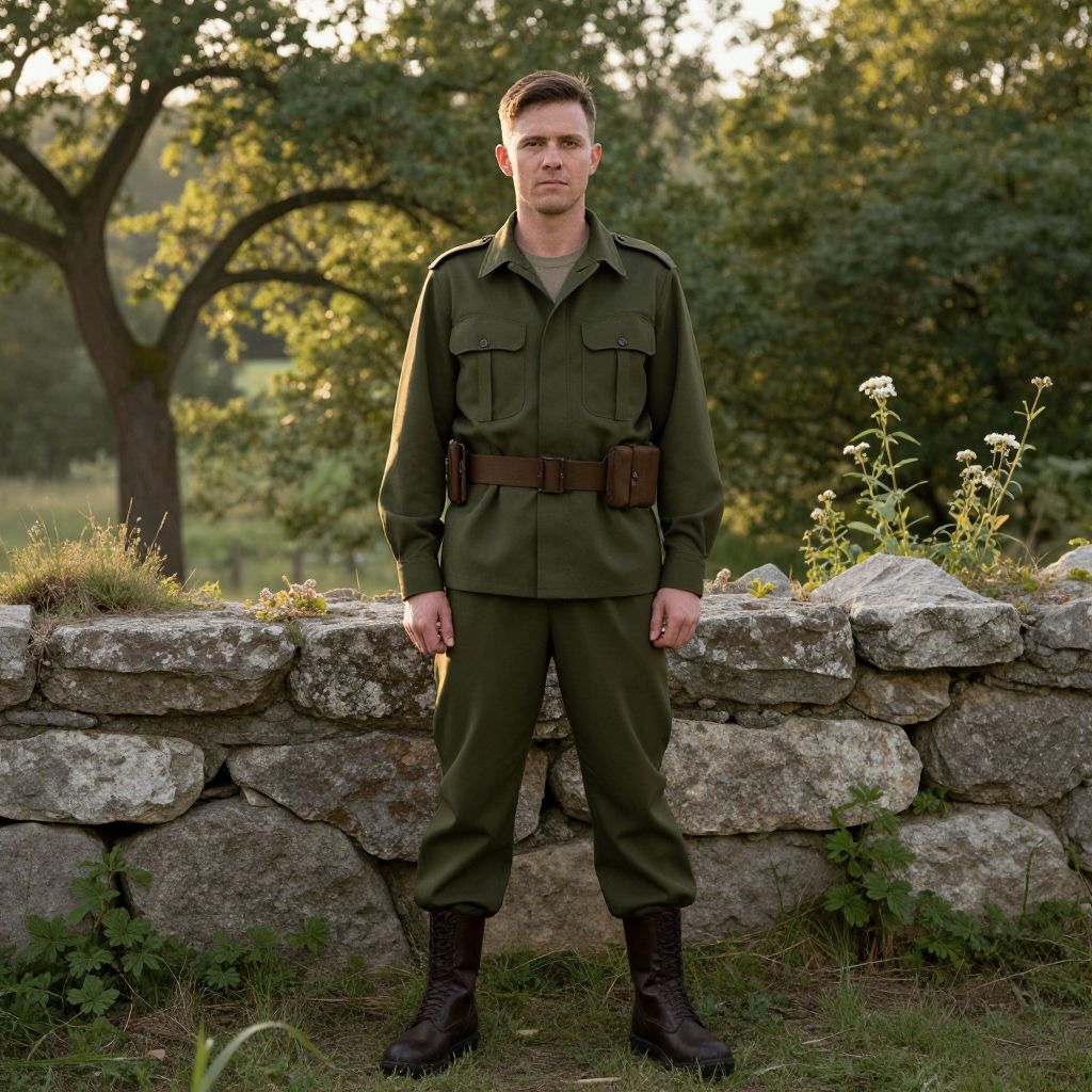Man in Vintage Military Uniform Standing by Stone Wall Outdoors