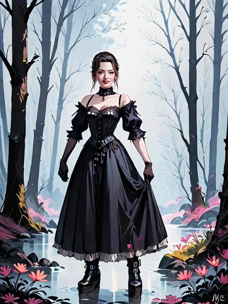 Dark Fantasy Medieval Woman in Gothic Dress in Misty Forest Illustration