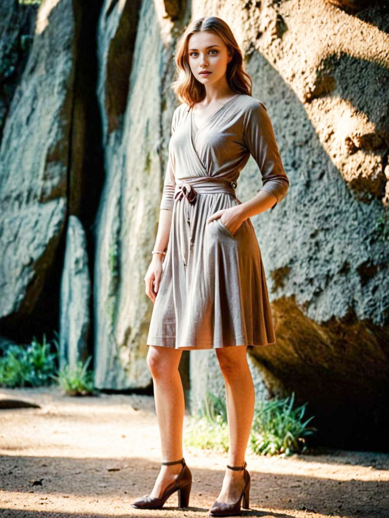 Elegant Woman in Gray Dress Against Rugged Rocks