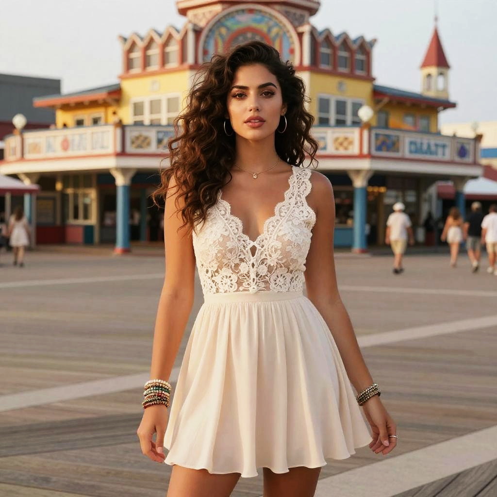 Busty Woman in Cream Sleeveless Dress with Floral Lace Bodice Outdoors
