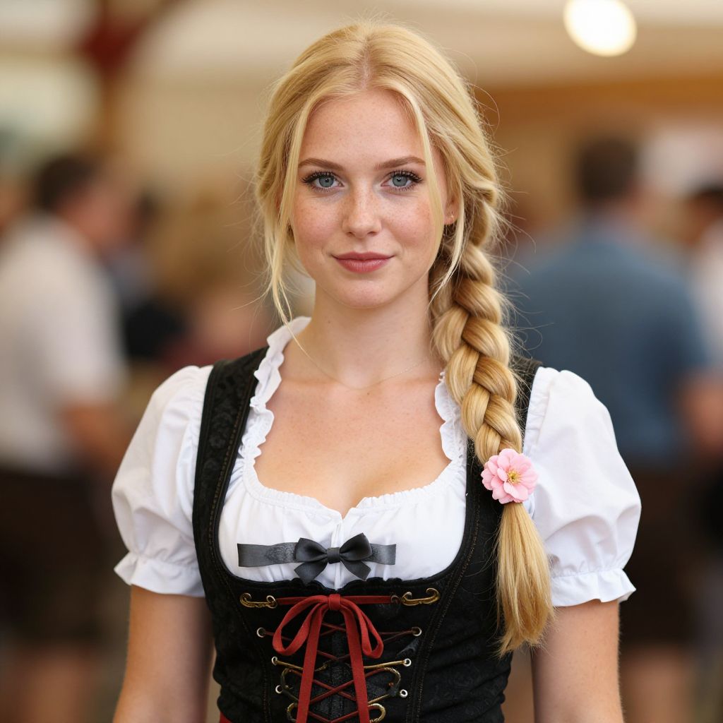 Young Woman in Traditional Bavarian Dirndl with Braid and Flower