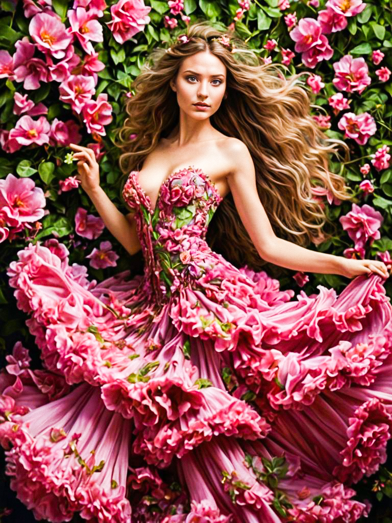 Woman in Floral Dress Among Pink Flowers Woman in Floral Dress Among Pink Flowers