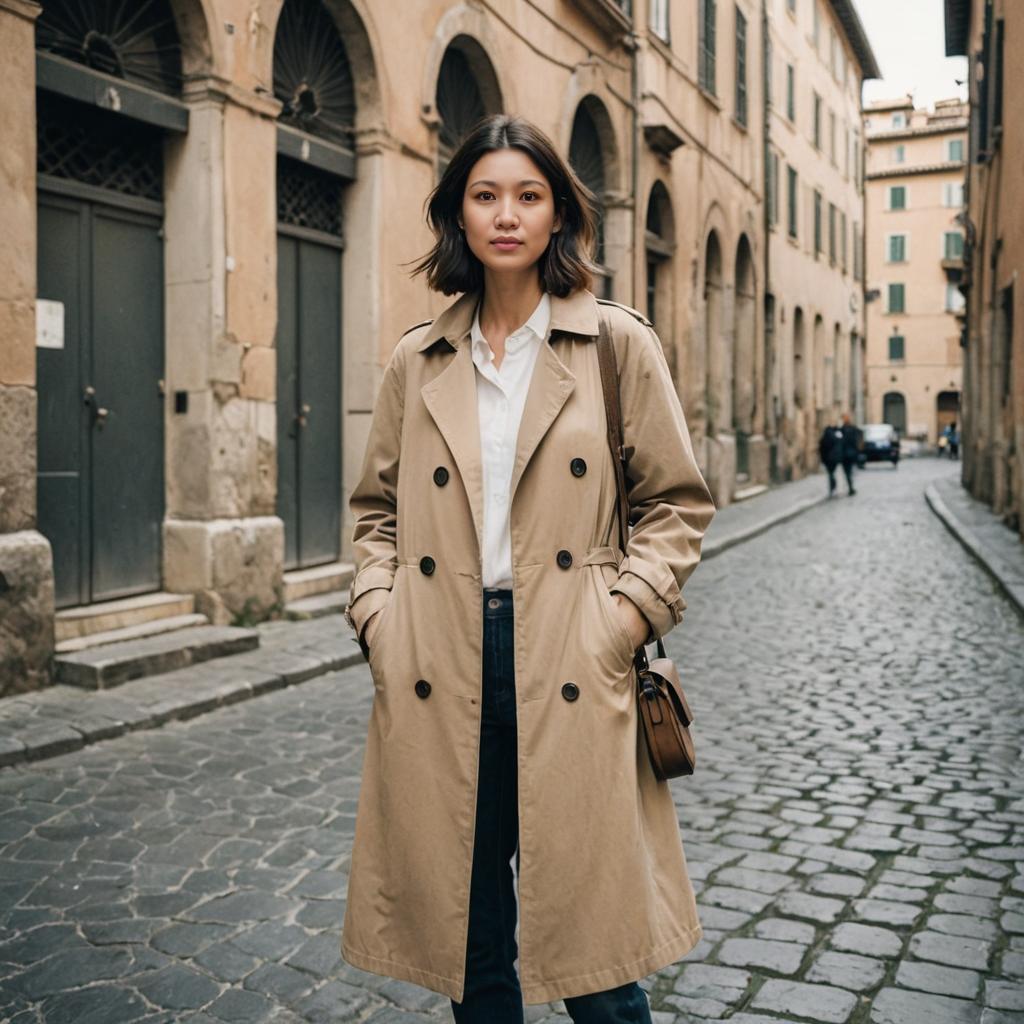 Stylish Woman in Trench Coat on Cobblestone Street