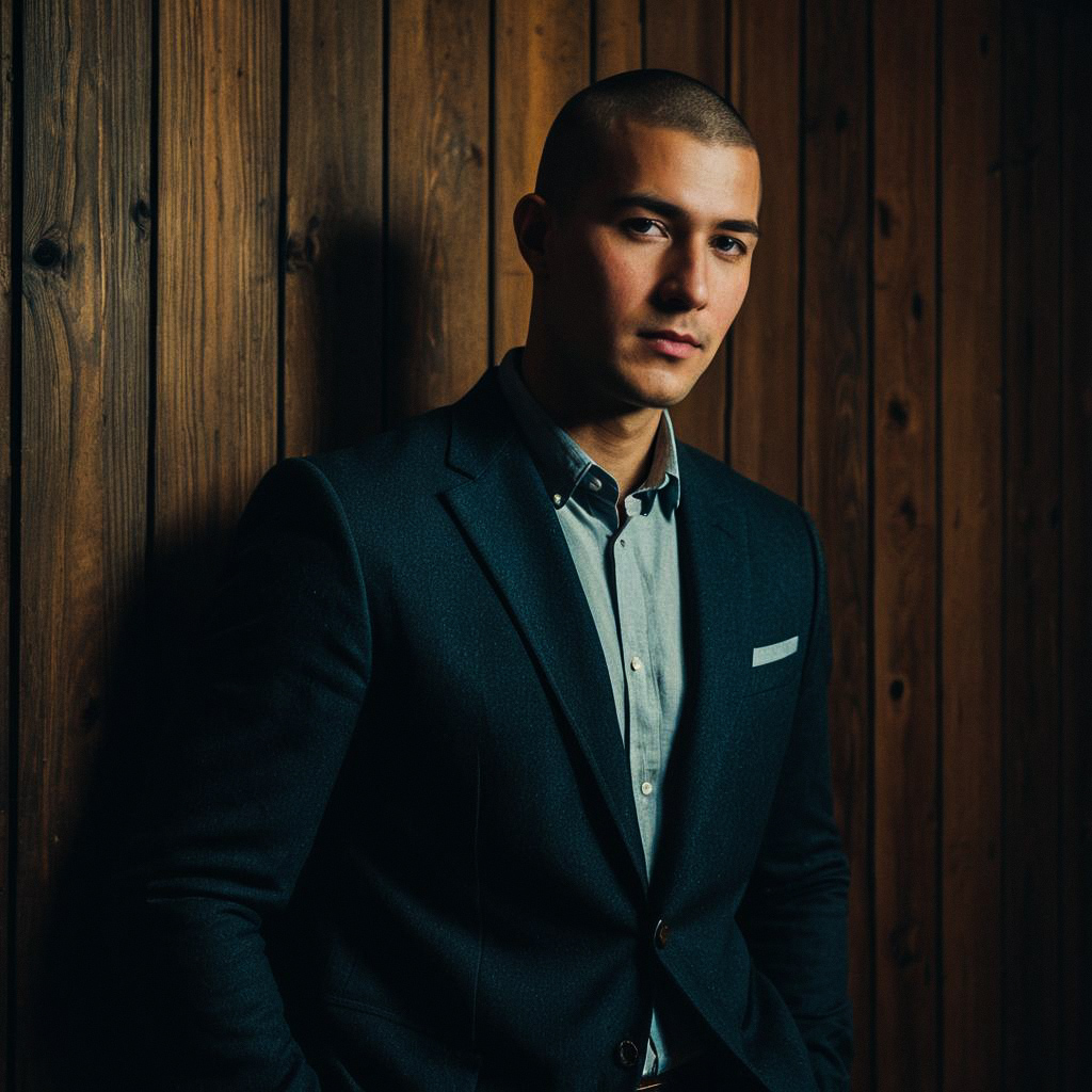 Confident Young Man in Blazer Against Wooden Wall Confident Young Man in Blazer Against Wooden Wall