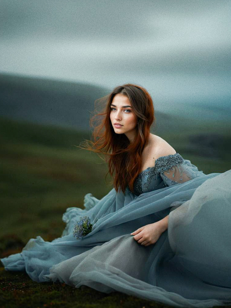 Woman in Flowing Blue Gown Against Dramatic Landscape