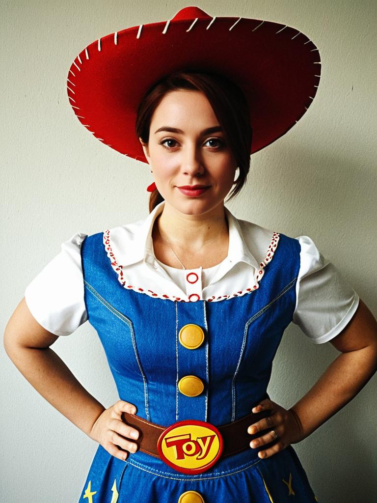 Woman in Realistic Jessie Toy Story Costume with Red Cowboy Hat
