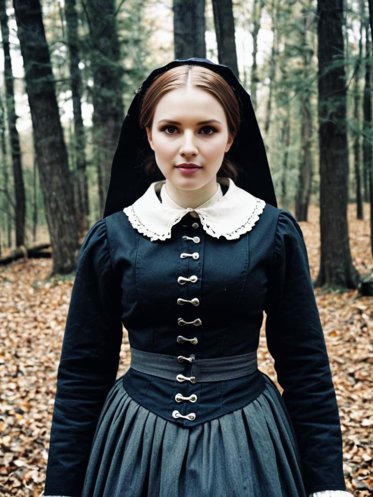 Woman in Traditional Colonial-Style Dress Standing in Autumn Forest