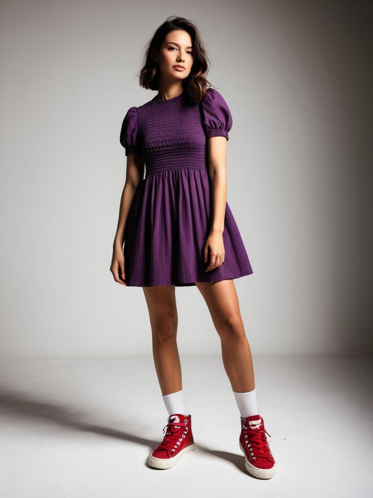 Woman in Casual Streetwear Purple Smocked Dress and Red Sneakers