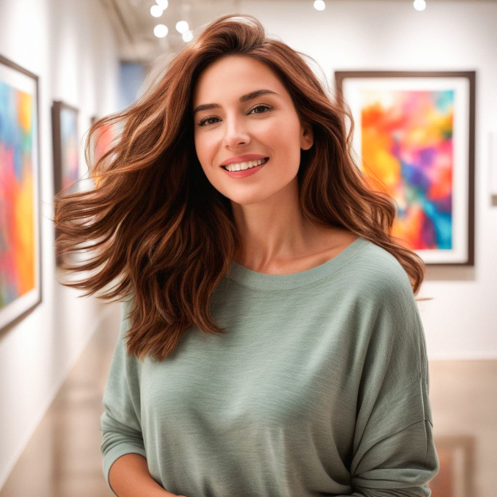 Cheerful Woman in Art Gallery