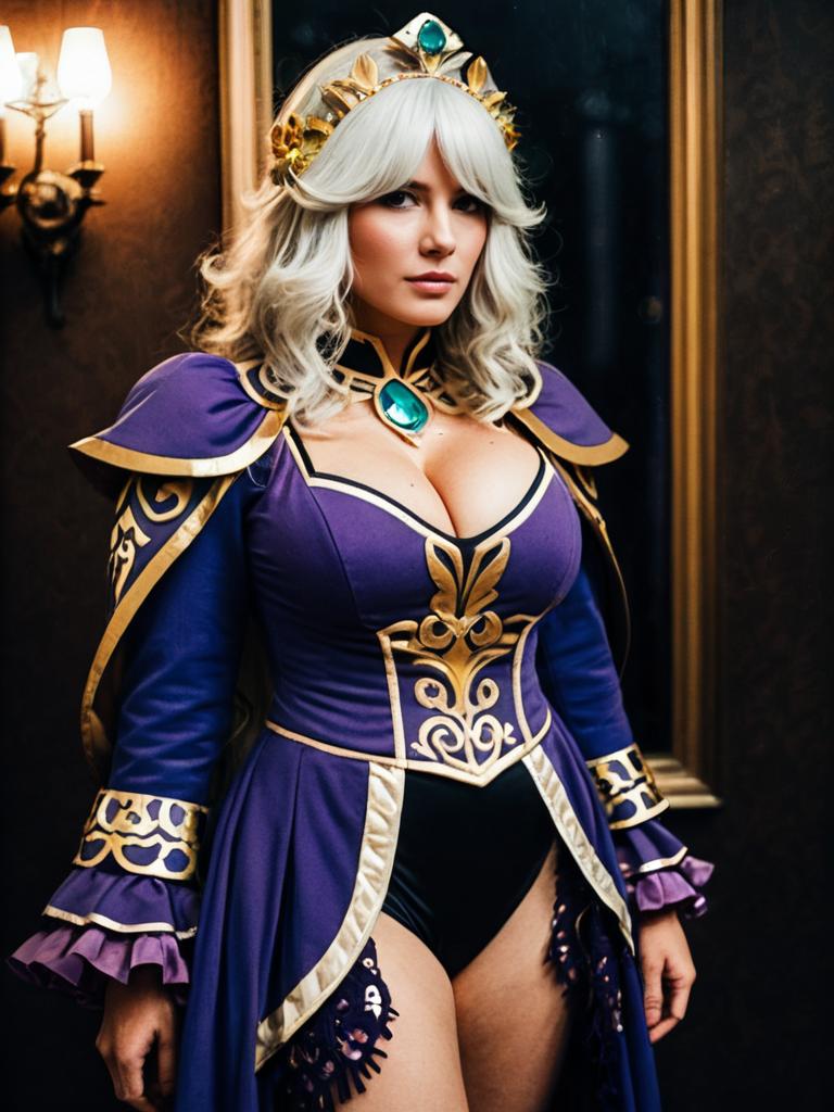 Realistic Woman Cosplay Wearing Camilla Costume in Purple and Gold
