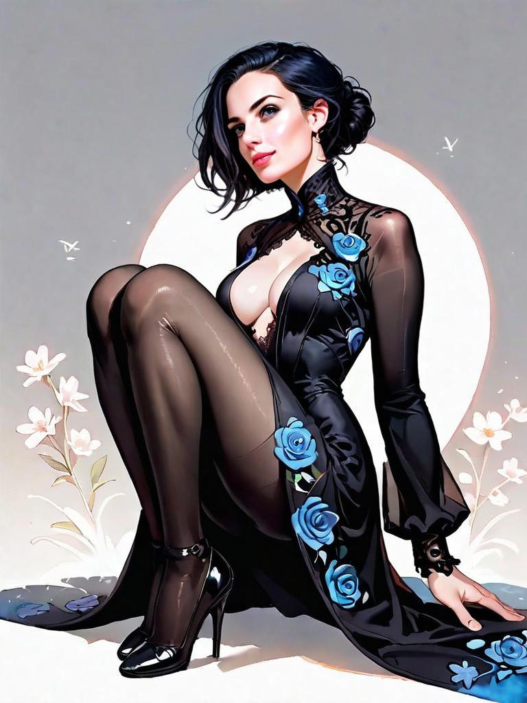 Realistic Comic Style Woman in Black Evening Dress with Blue Floral Accents