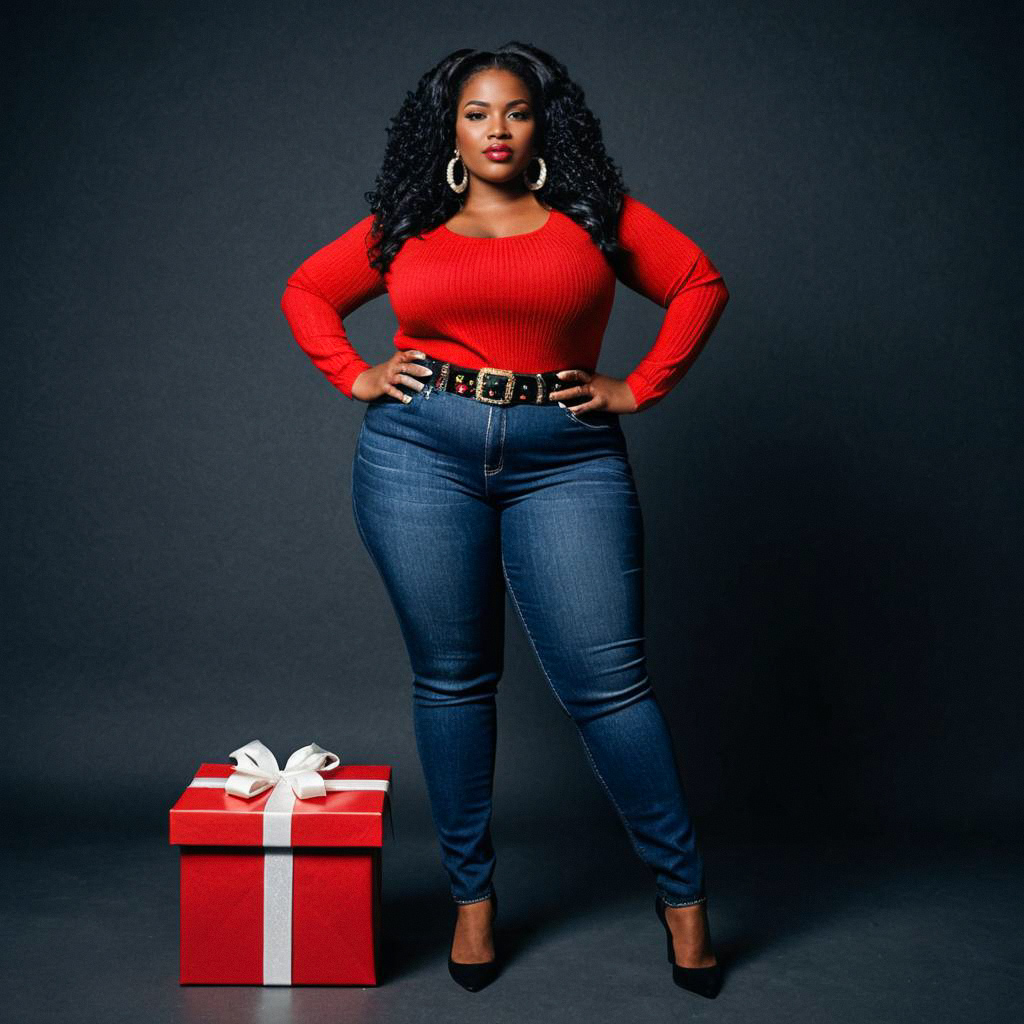 Confident Plus-Size Woman in Festive Red Sweater