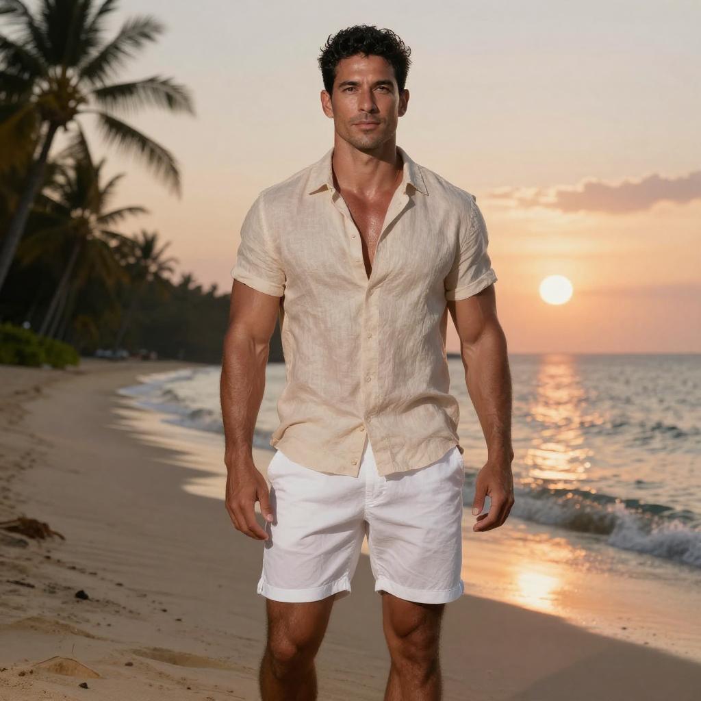 Man on Tropical Beach at Sunset Wearing Linen Shirt and White Shorts