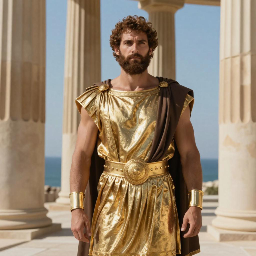 Man in Golden Ancient Greek Costume with Classical Columns Background