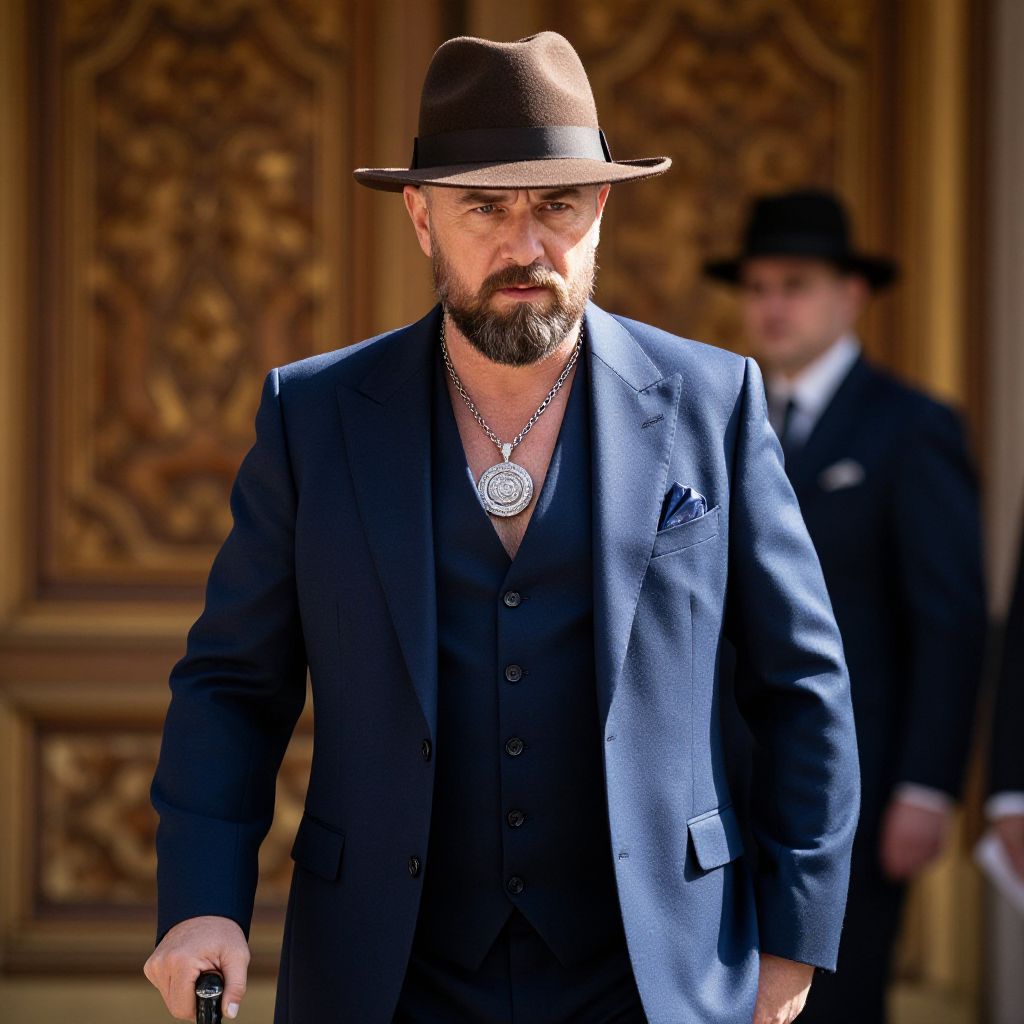 Stylish Bearded Man in Three-Piece Suit and Fedora Walking Outdoors