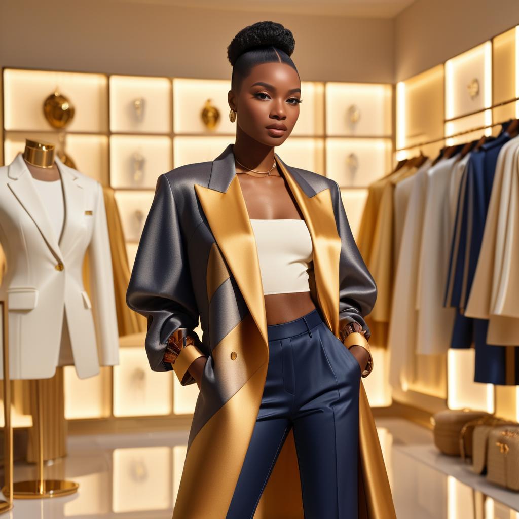 Fashionable Woman in Chic Gold and Gray Coat