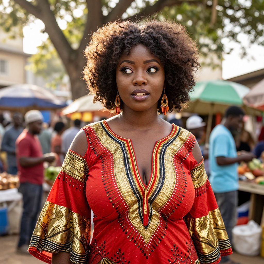 African Woman Wearing Traditional Red and Gold Dress at Market